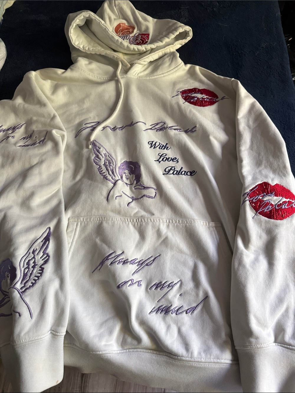 PALACE White Hoodie with Purple Angel Embroidery and Red Lip Prints